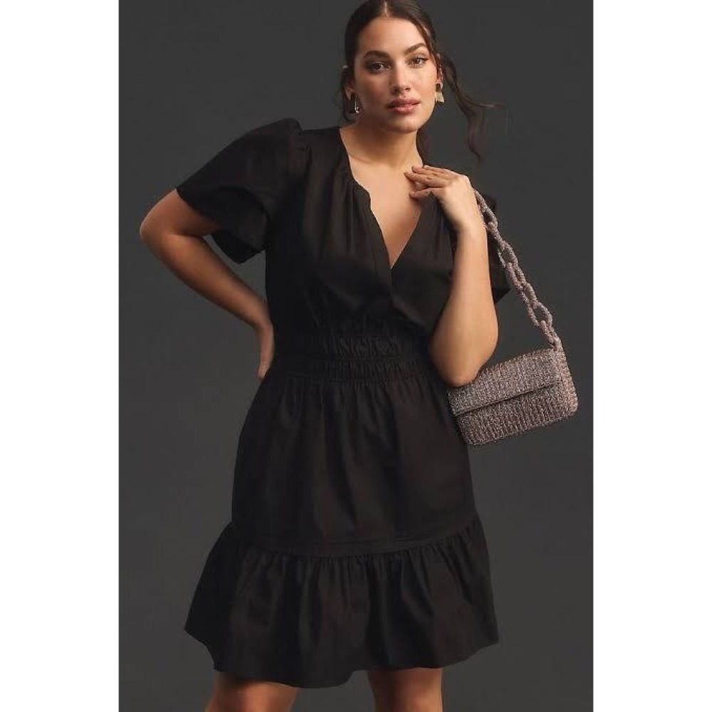 Anthropologie Dress Somerset Mini XL Black Cotton Smocked Tiered V-Neck Pockets